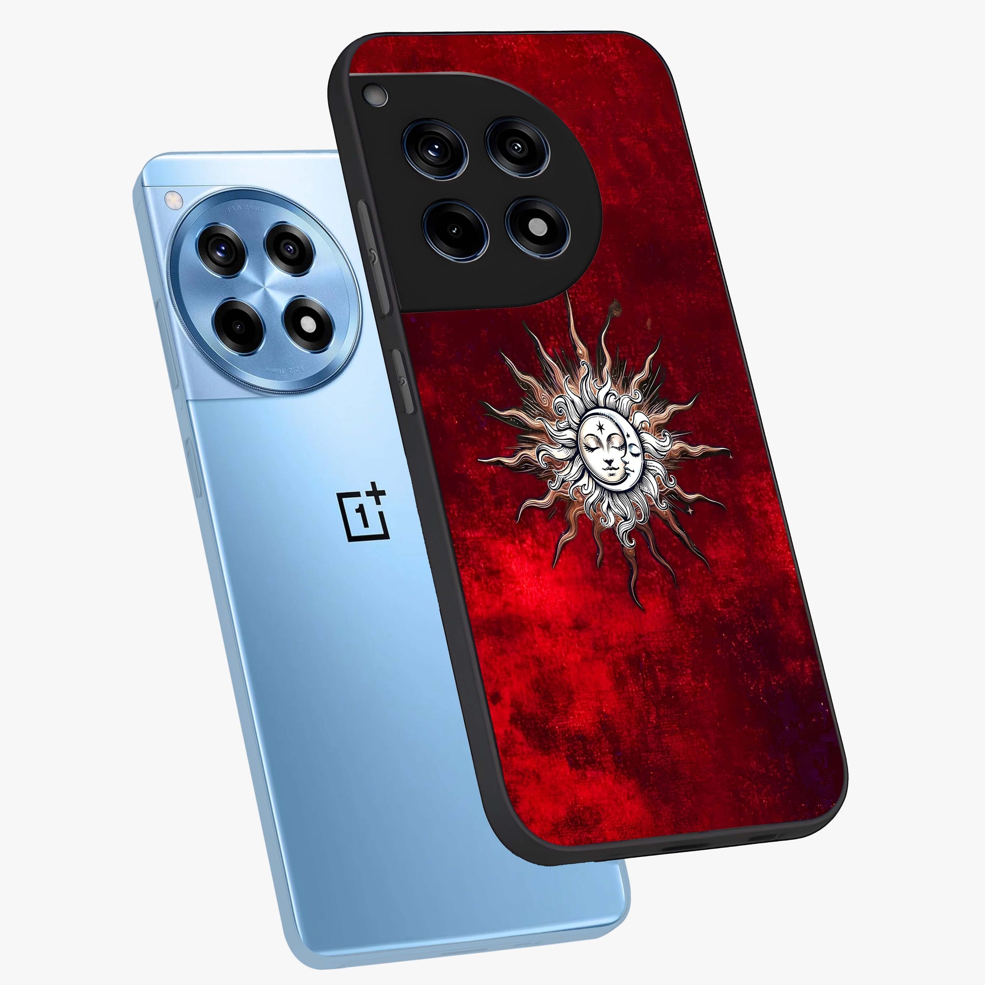 Cosmic Twin Eclipse Glass Case for 1+12R angled mockup showcasing glossy finish and bold celestial contrast