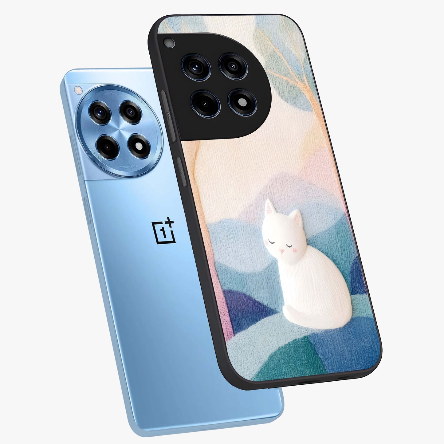 Cotton Dream Cat Glass Case for 1+12R angled mockup showcasing glossy glass finish and cozy aesthetic design