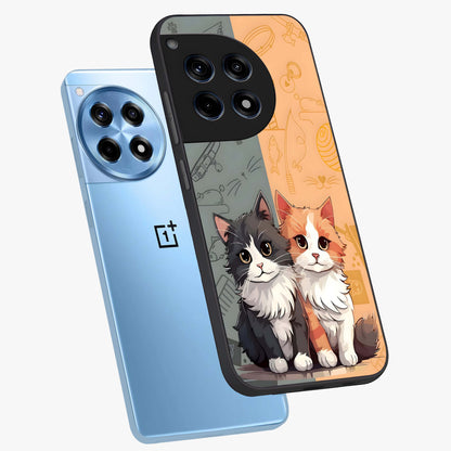 Cozy Cat Duo Glass Case for 1+12R angled mockup showcasing glossy finish and charming pastel tones
