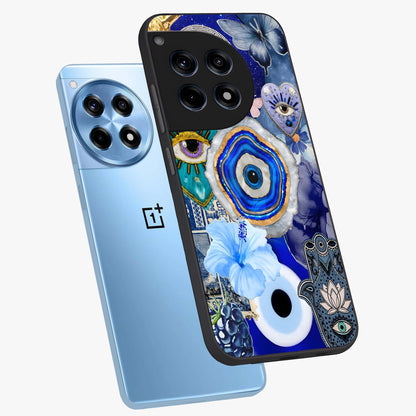 Crimson Evil Eye Charm Glass Case for 1+12R angled mockup showcasing glossy finish and vibrant symbolic detailing