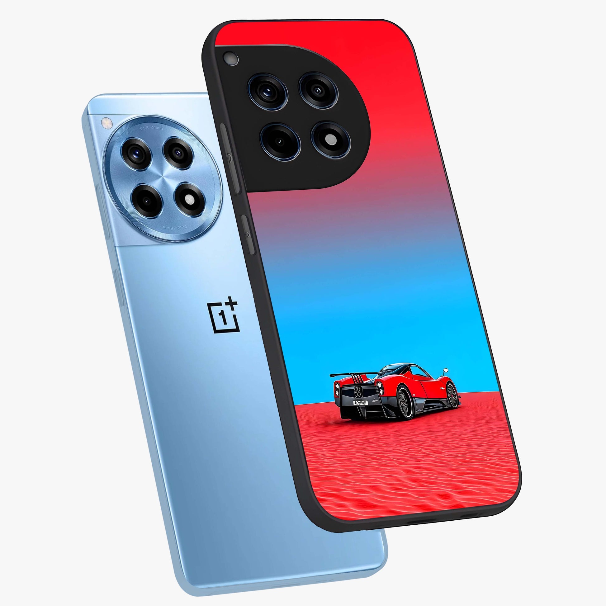 Crimson Speed Mirage Glass Case for 1+12R angled mockup showcasing glossy finish and dynamic speed detailing