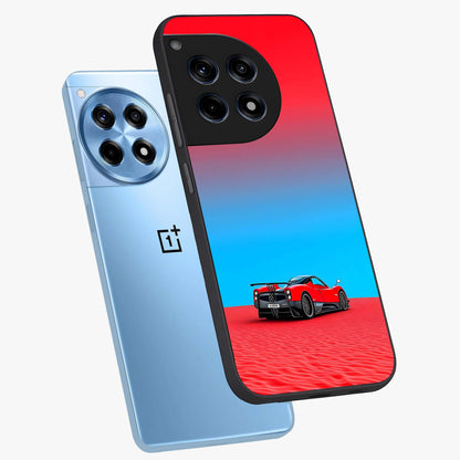 Crimson Speed Mirage Glass Case for 1+12R angled mockup showcasing glossy finish and dynamic speed detailing