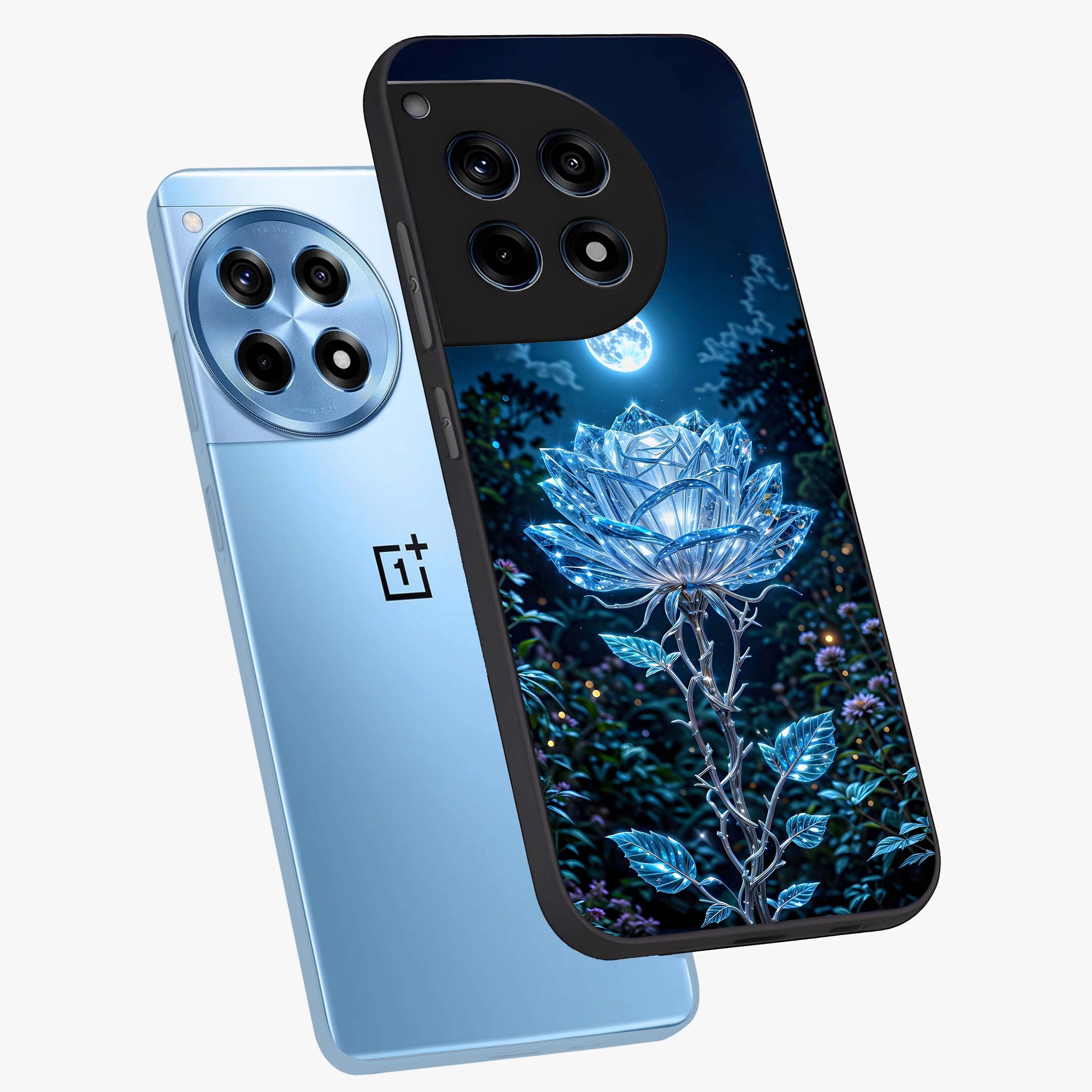 Crystal Moon Lotus Glass Case for 1+12R angled mockup showcasing glossy glass finish and luminous floral detailing