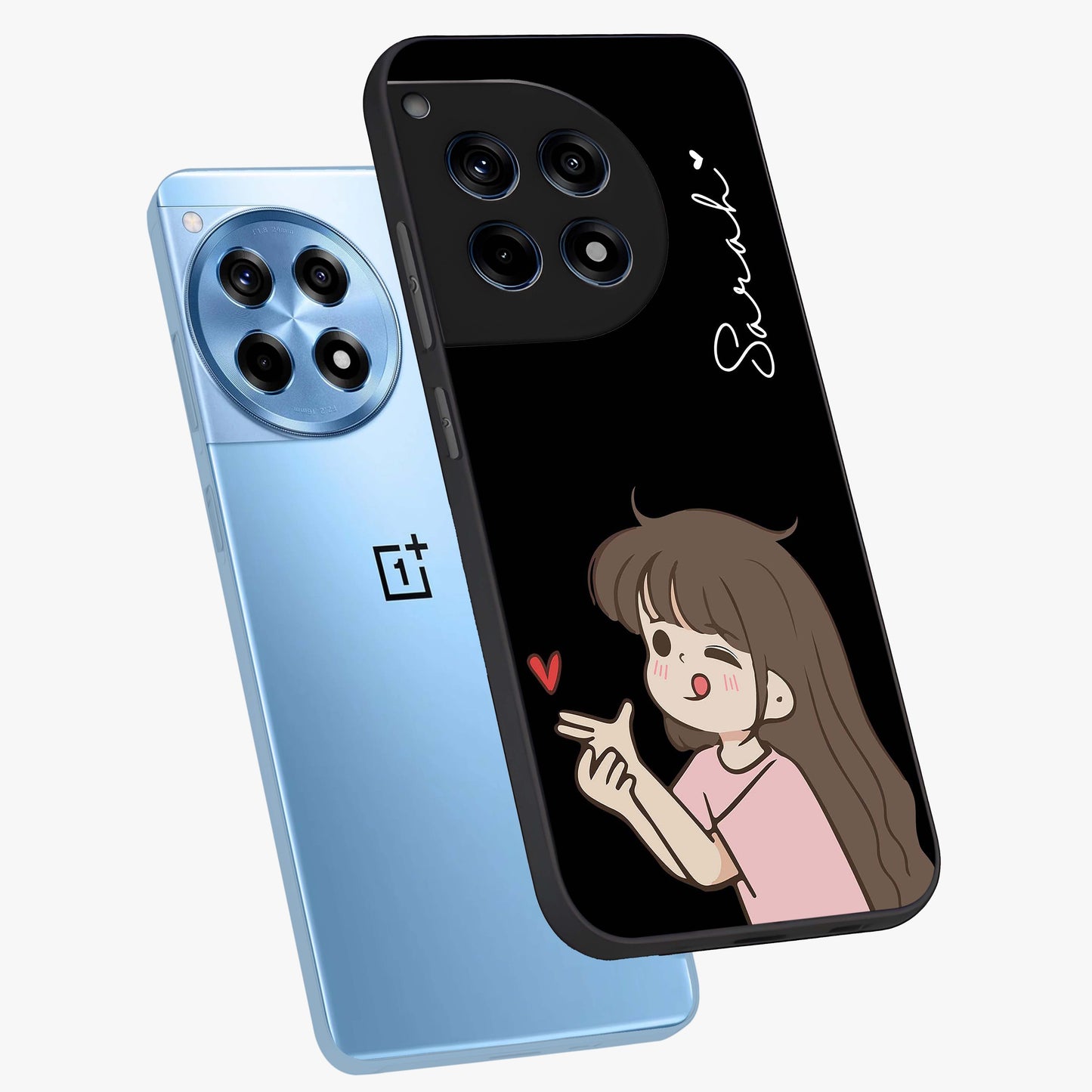 Cute Girl Firing Heart Glass Case for 1+12R angled mockup showcasing glossy finish and lively character detailing