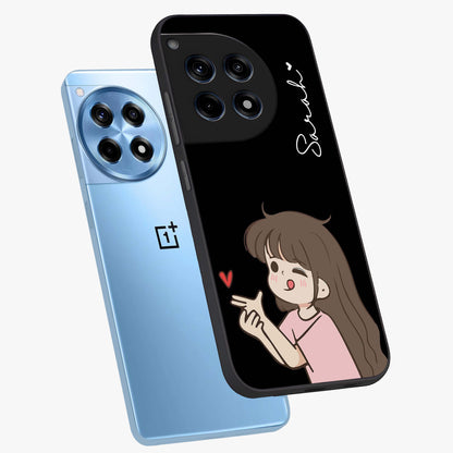 Cute Girl Firing Heart Glass Case for 1+12R angled mockup showcasing glossy finish and lively character detailing