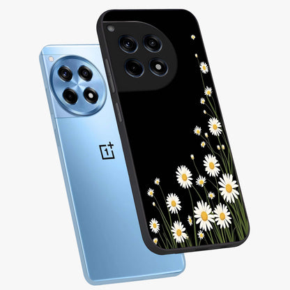 Daisy Cascade on Black Glass Case for 1+12R angled mockup showcasing glossy finish and bold floral contrast