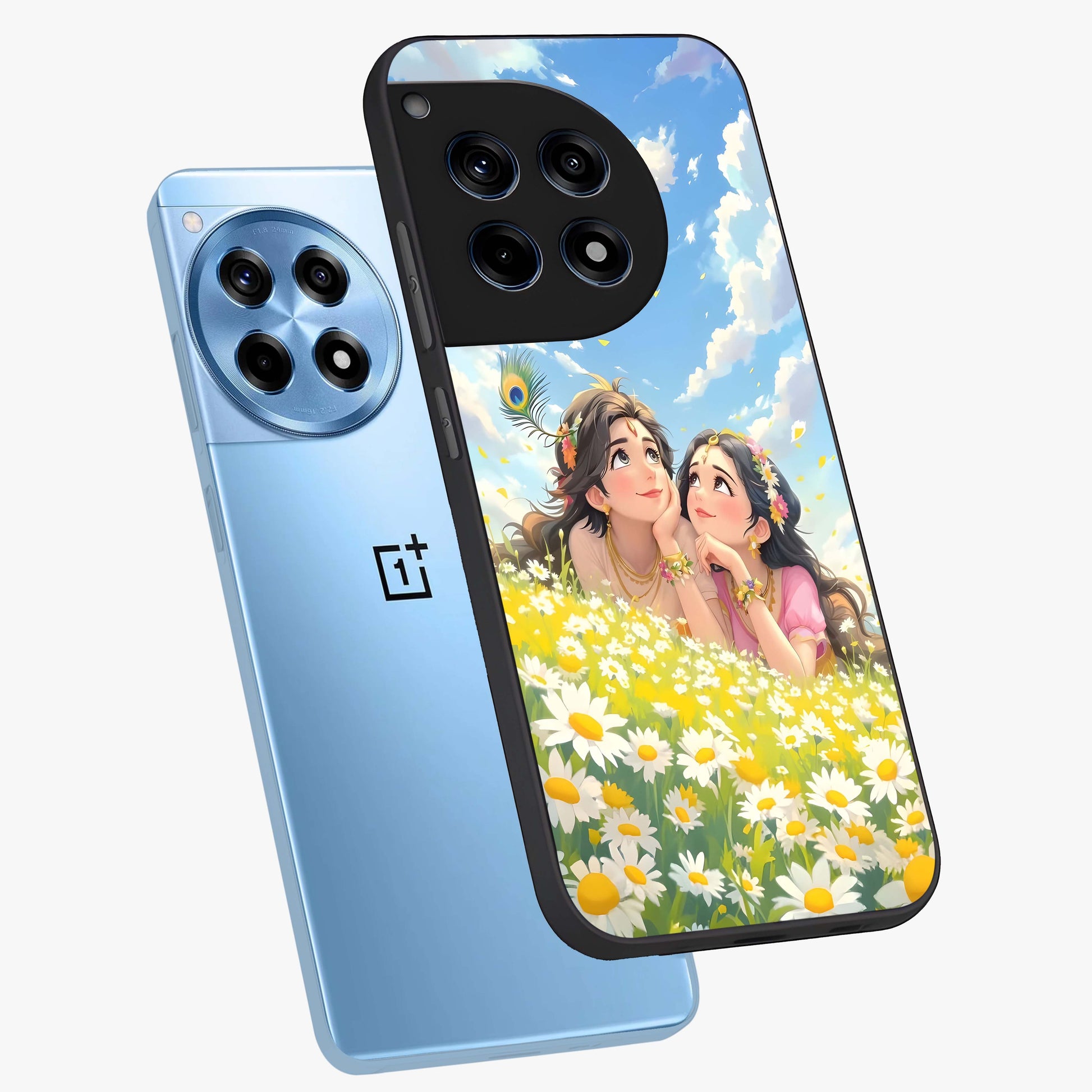 Daisy Daydream Love Glass Case for 1+12R angled mockup showcasing glossy finish and pastel bloom tones