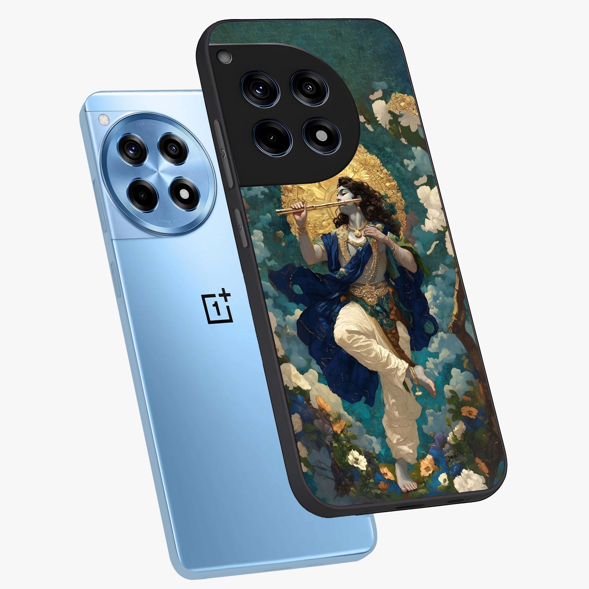 Divine Krishna Art Glass Case for 1+12R angled mockup showcasing glossy finish and vibrant spiritual tones