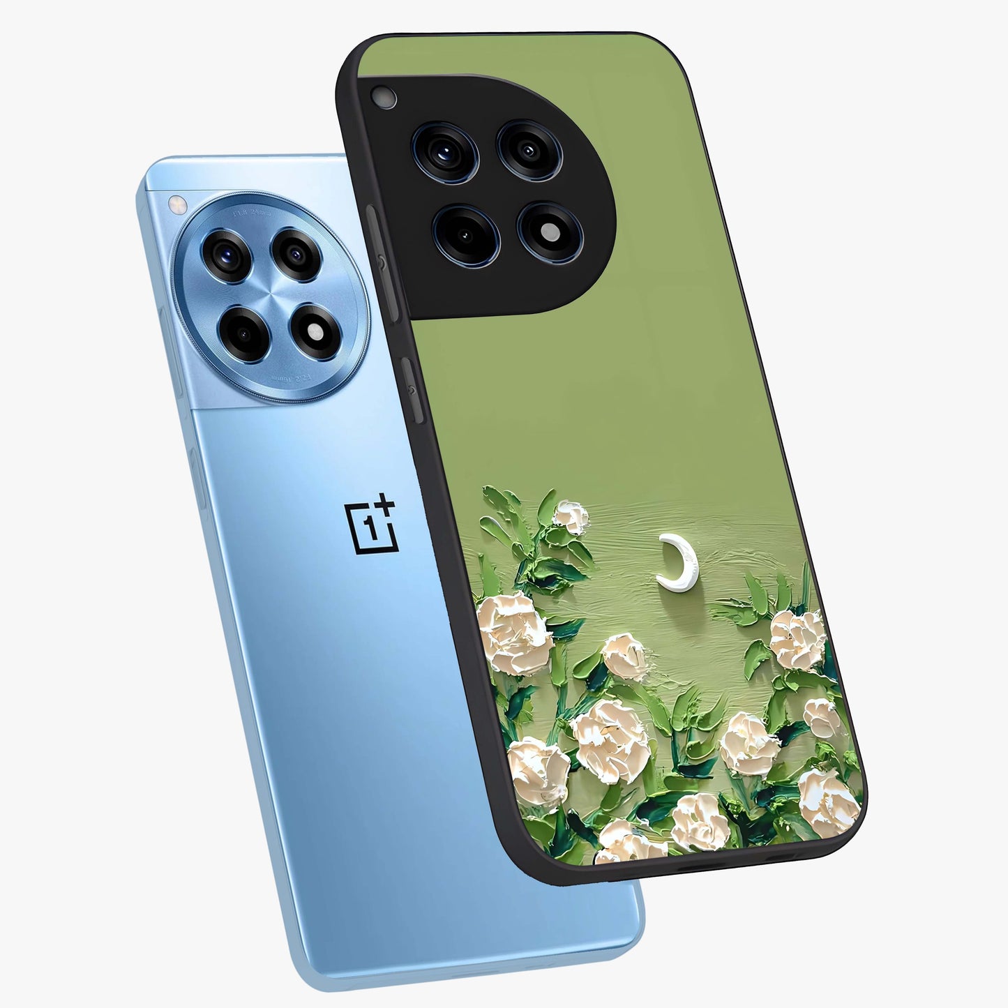 Emerald Bloom Calm Glass Case for 1+12R angled mockup showcasing glossy finish and rich green tones