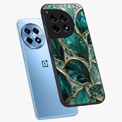 Emerald Leaf Glass Case for 1+12R angled mockup showcasing glossy finish and natural botanical tones