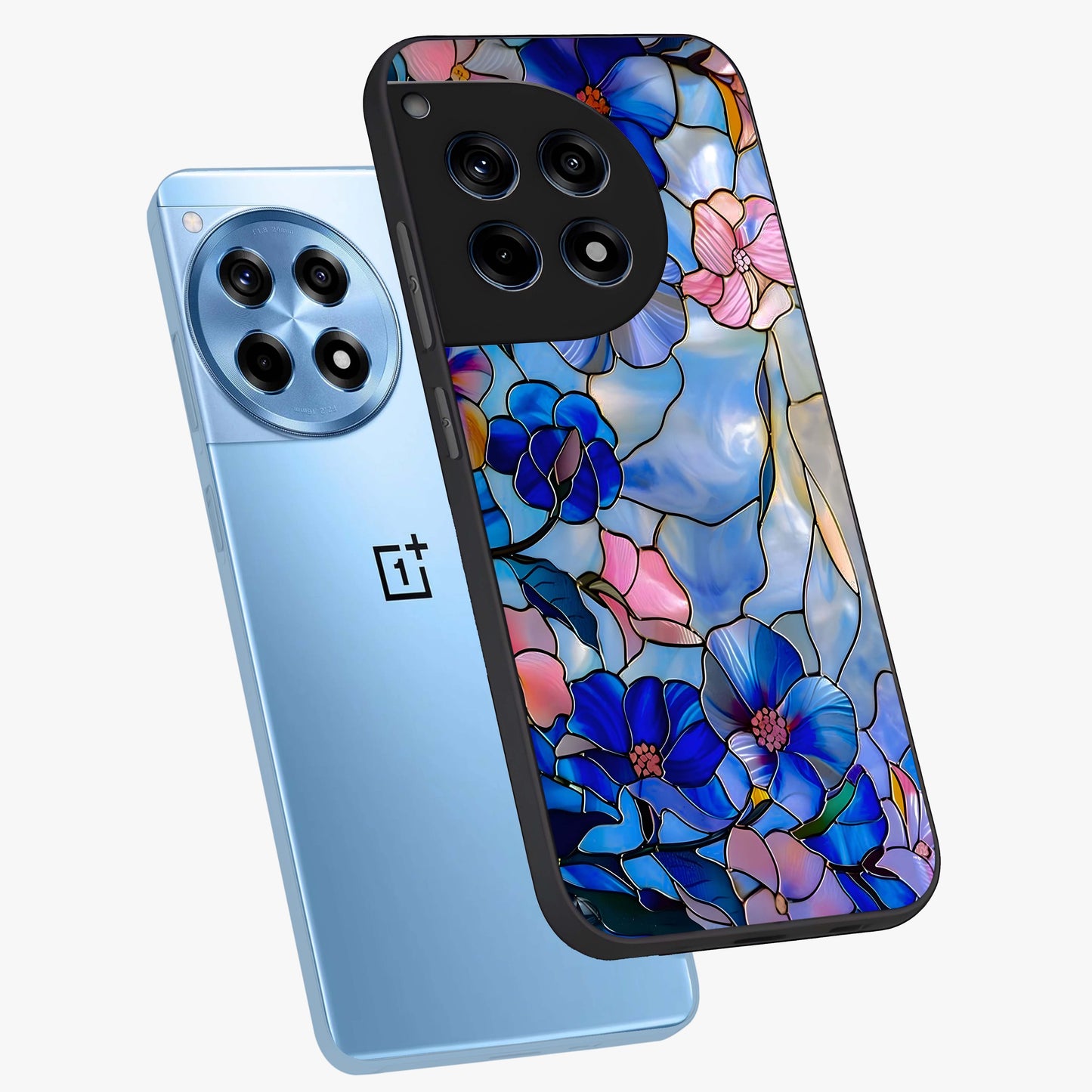Eternal Floral Stained Glass Case for 1+12R angled mockup showcasing glossy finish and vibrant mosaic textures
