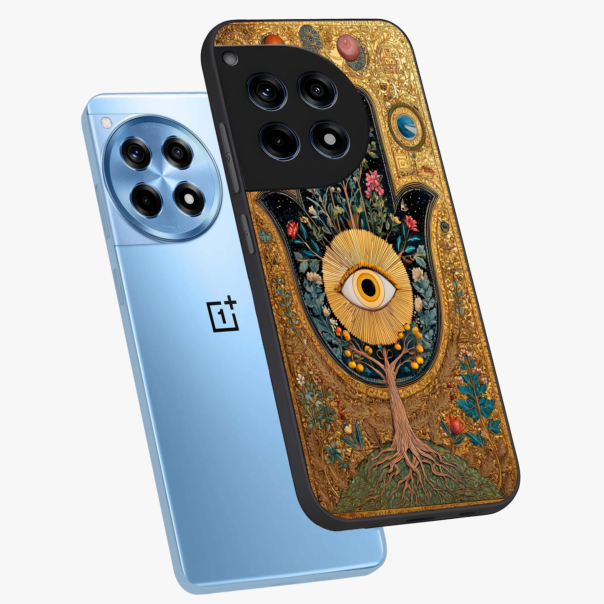 Ethereal Evil Eye Glass Case for 1+12R angled mockup showcasing glossy finish and celestial blue tones