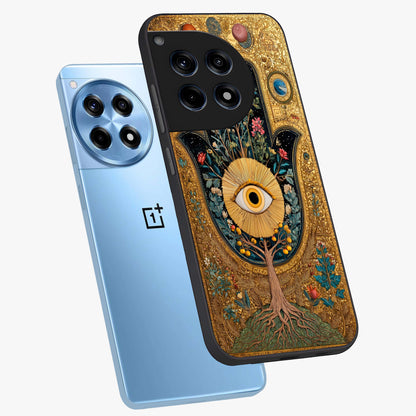 Ethereal Evil Eye Glass Case for 1+12R angled mockup showcasing glossy finish and celestial blue tones