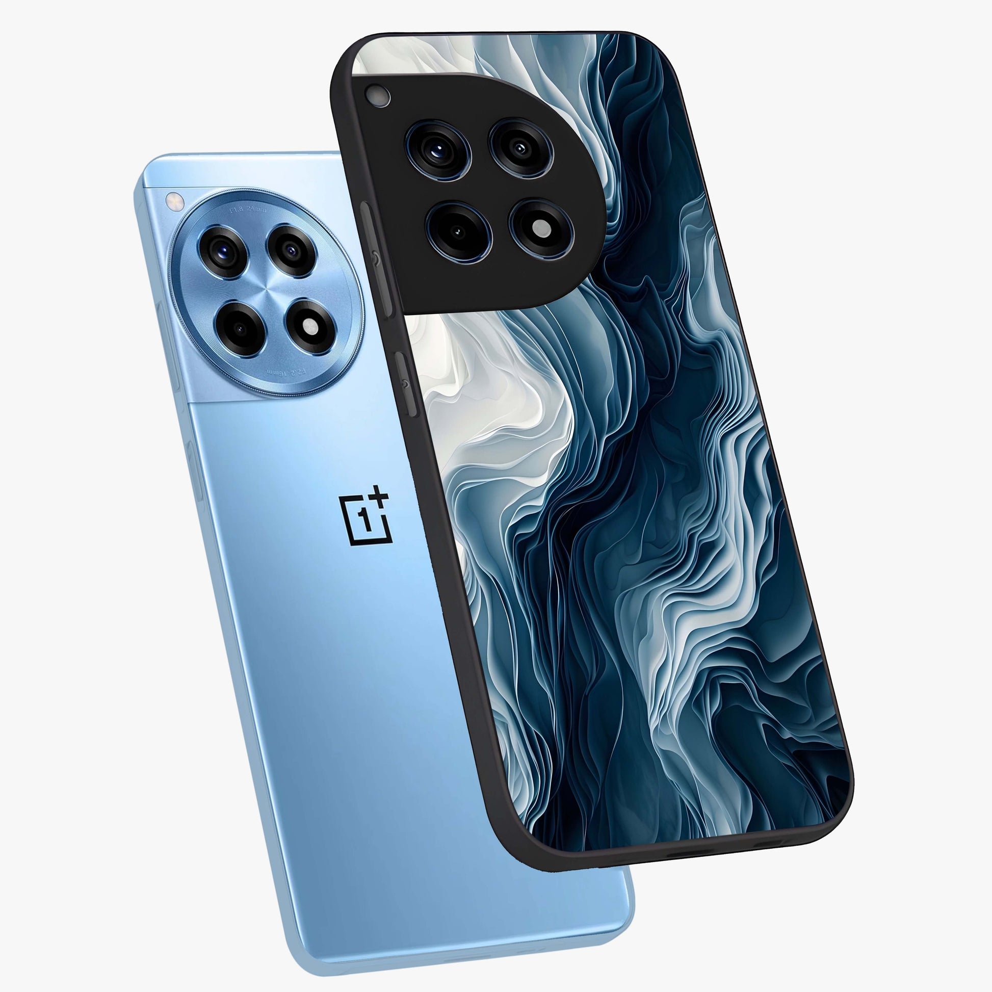 Ethereal Paper Marble Glass Case for 1+12R angled mockup showcasing glossy finish and soft blended textures