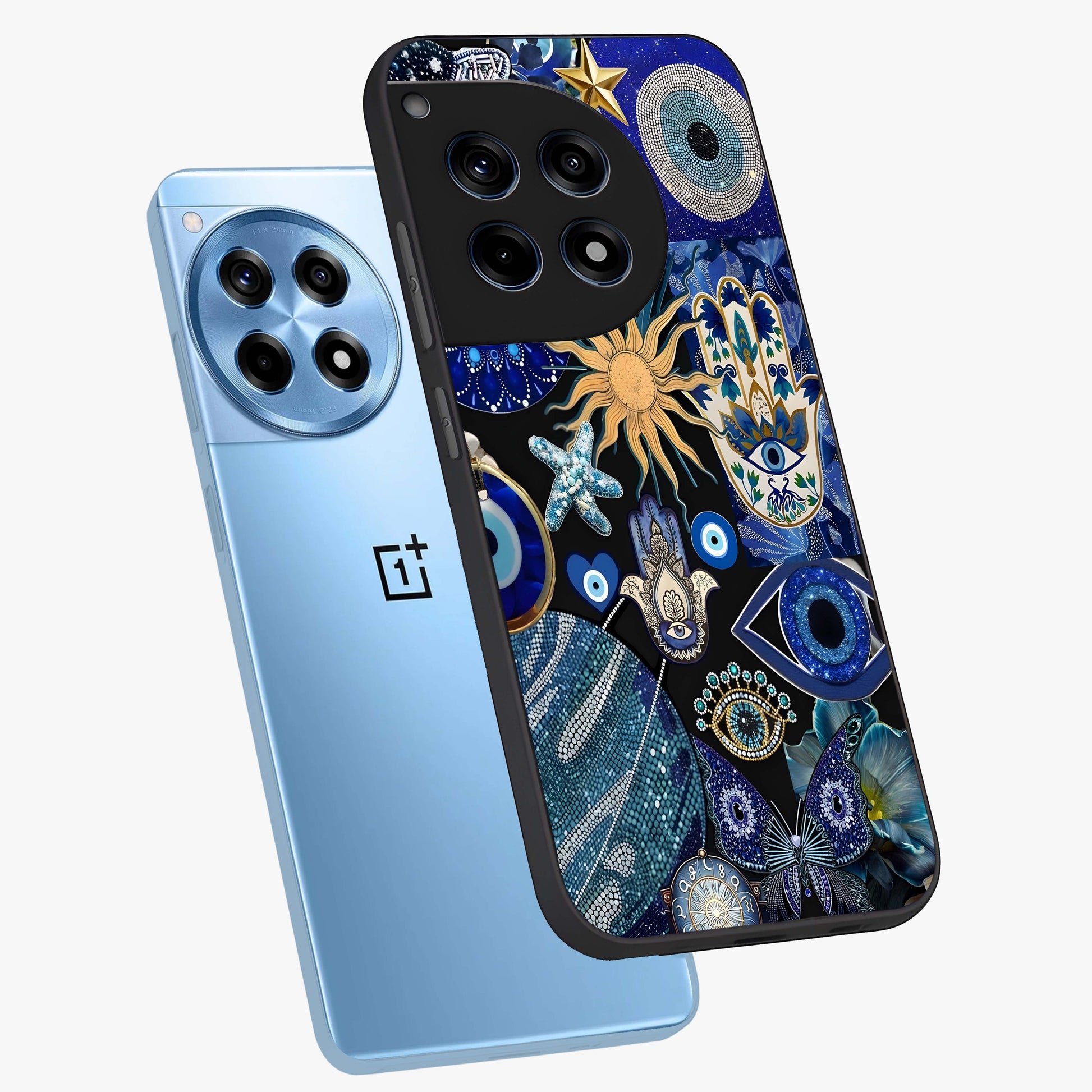 Evil Eye Charm Mix Glass Case for 1+12R angled mockup showcasing glossy finish and bold blue tones