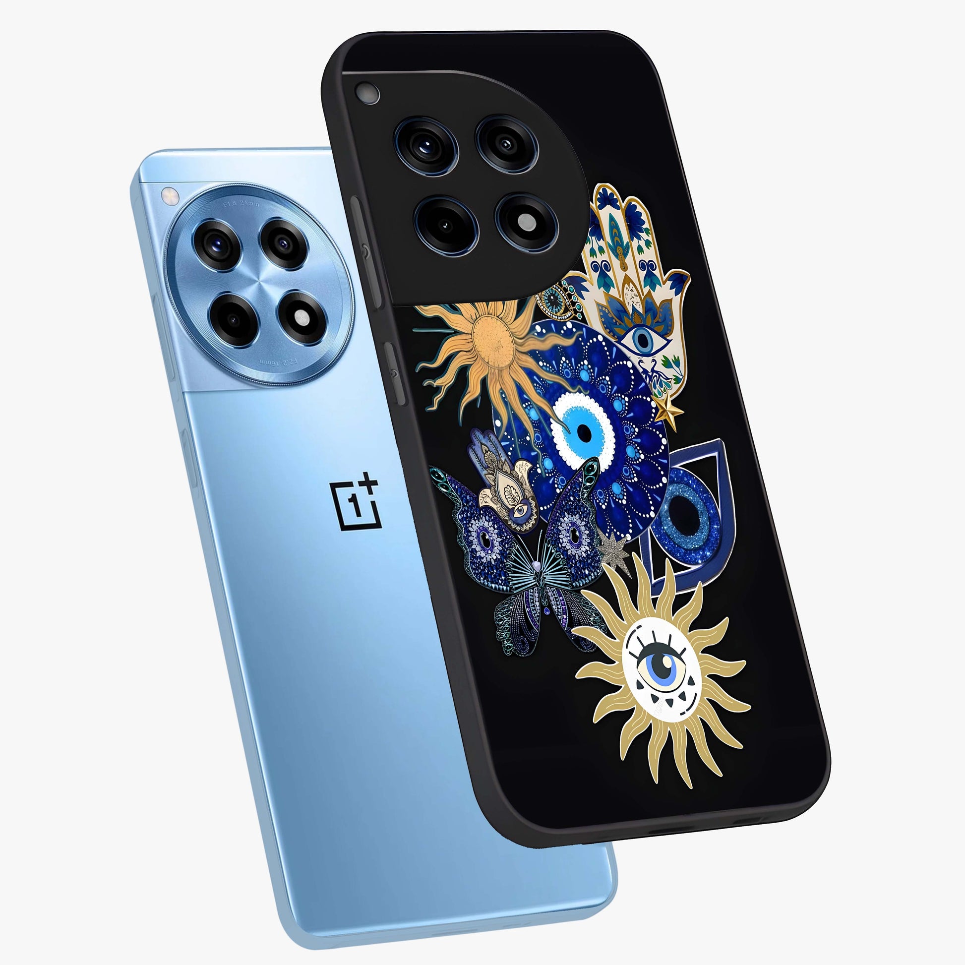 Evil Eye Charm Vibes Glass Case for 1+12R angled mockup showcasing glossy finish and protective symbol detailing