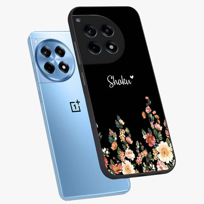 Floral Design With a Custom Personalized Name Glass Case for 1+12R angled mockup showcasing glossy finish and elegant bloom detailing