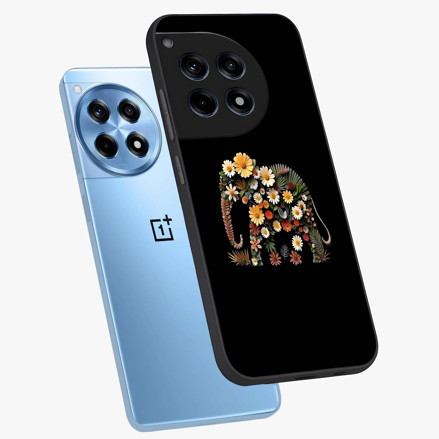 Floral Elephant Glass Case for 1+12R angled mockup showcasing glossy finish and vibrant cultural tones