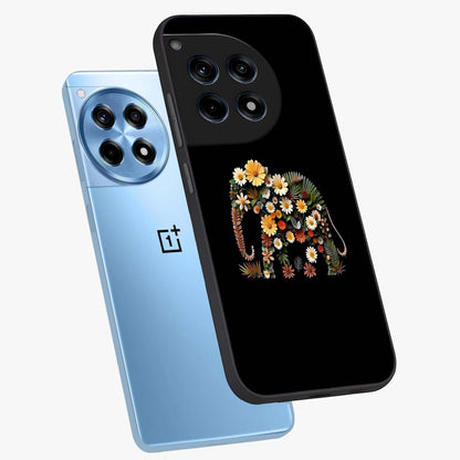 Floral Elephant Glass Case for 1+12R angled mockup showcasing glossy finish and vibrant cultural tones