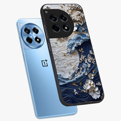Floral Wave Origami Glass Case for 1+12R angled mockup showcasing glossy glass finish and geometric bloom detailing