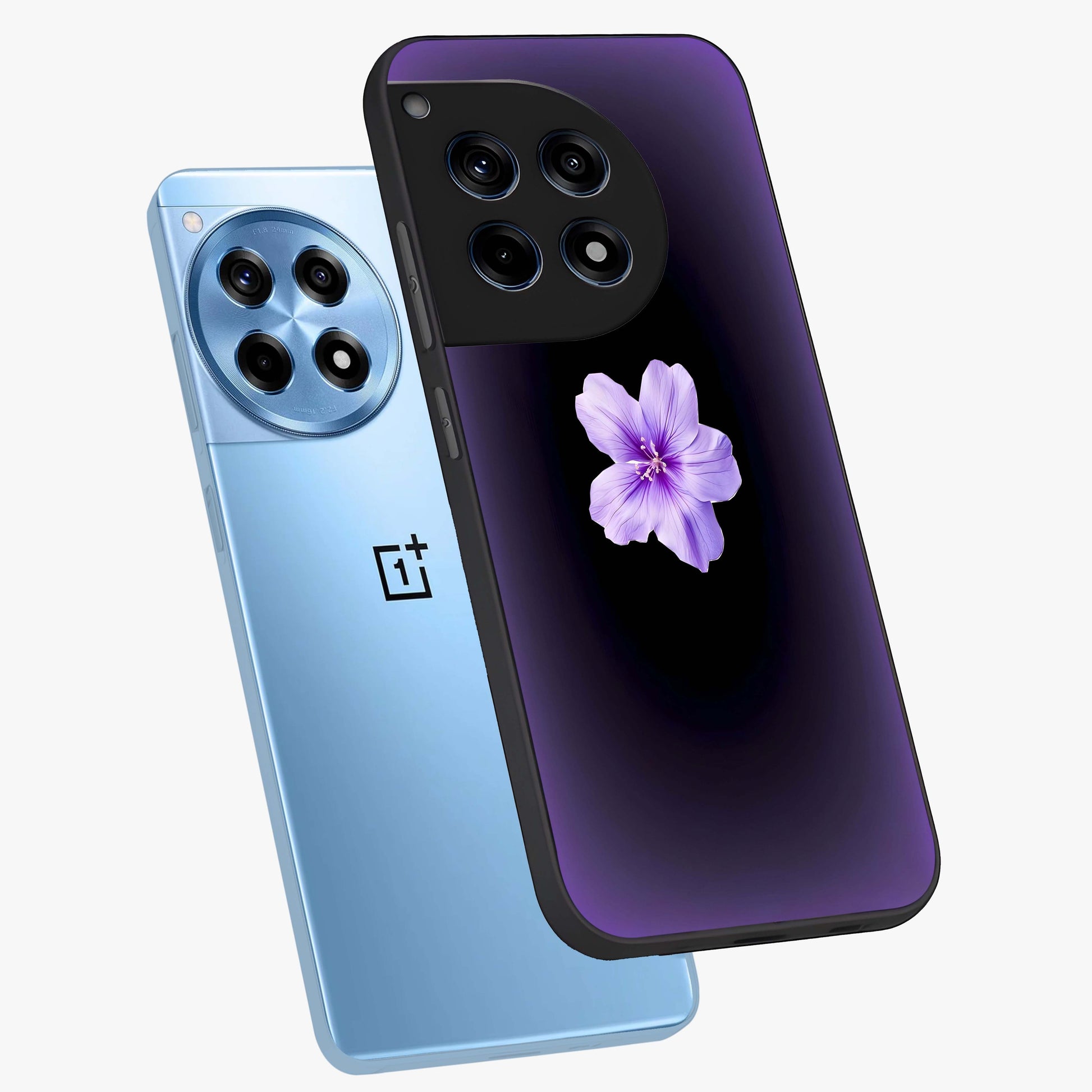 Flower on Soft Violet Gradient Glass Case for 1+12R angled mockup showcasing glossy finish and pastel purple tones
