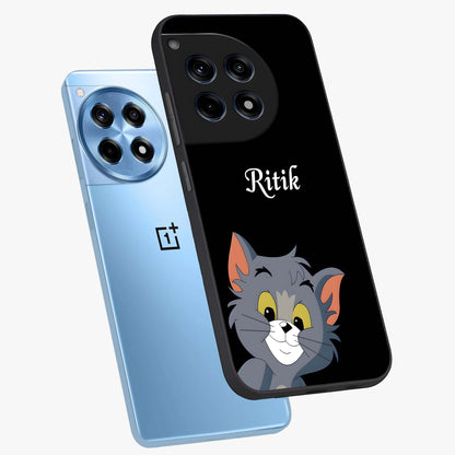 Forever Chasing Love Tom Glass Case for 1+12R angled mockup showcasing glossy finish and lively cartoon detailing
