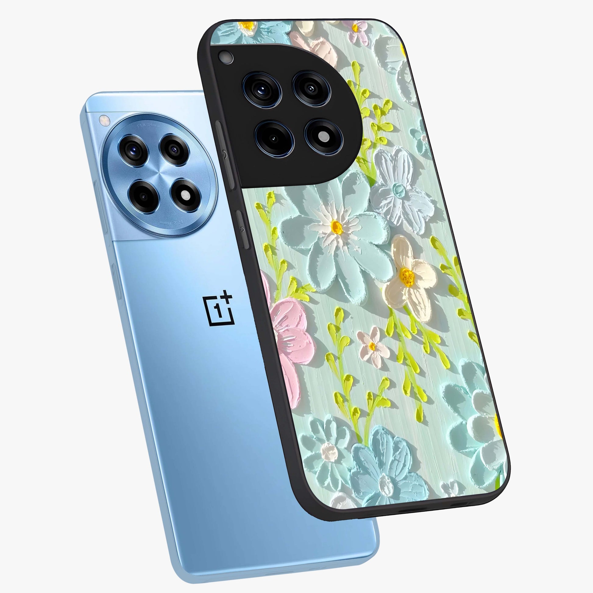 Frosted Petal Garden Glass Case for 1+12R angled mockup showcasing glossy finish and pastel bloom detailing