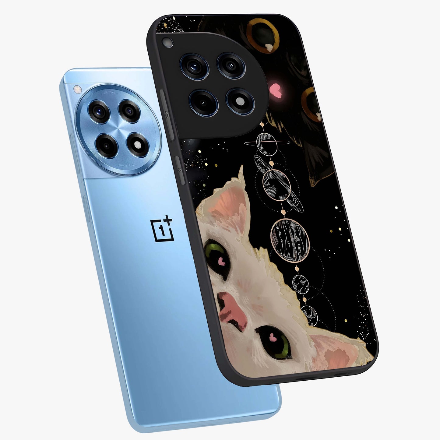 Galactic Cat Glass Case for 1+12R angled mockup showcasing glossy finish and luminous space detailing