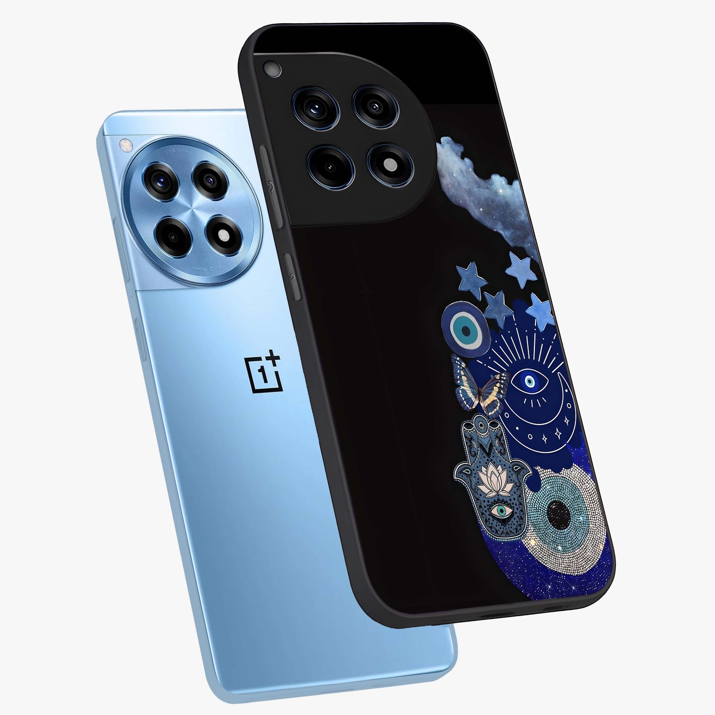 Galactic Charm Cluster Glass Case for 1+12R angled mockup showcasing glossy finish and vibrant star detailing