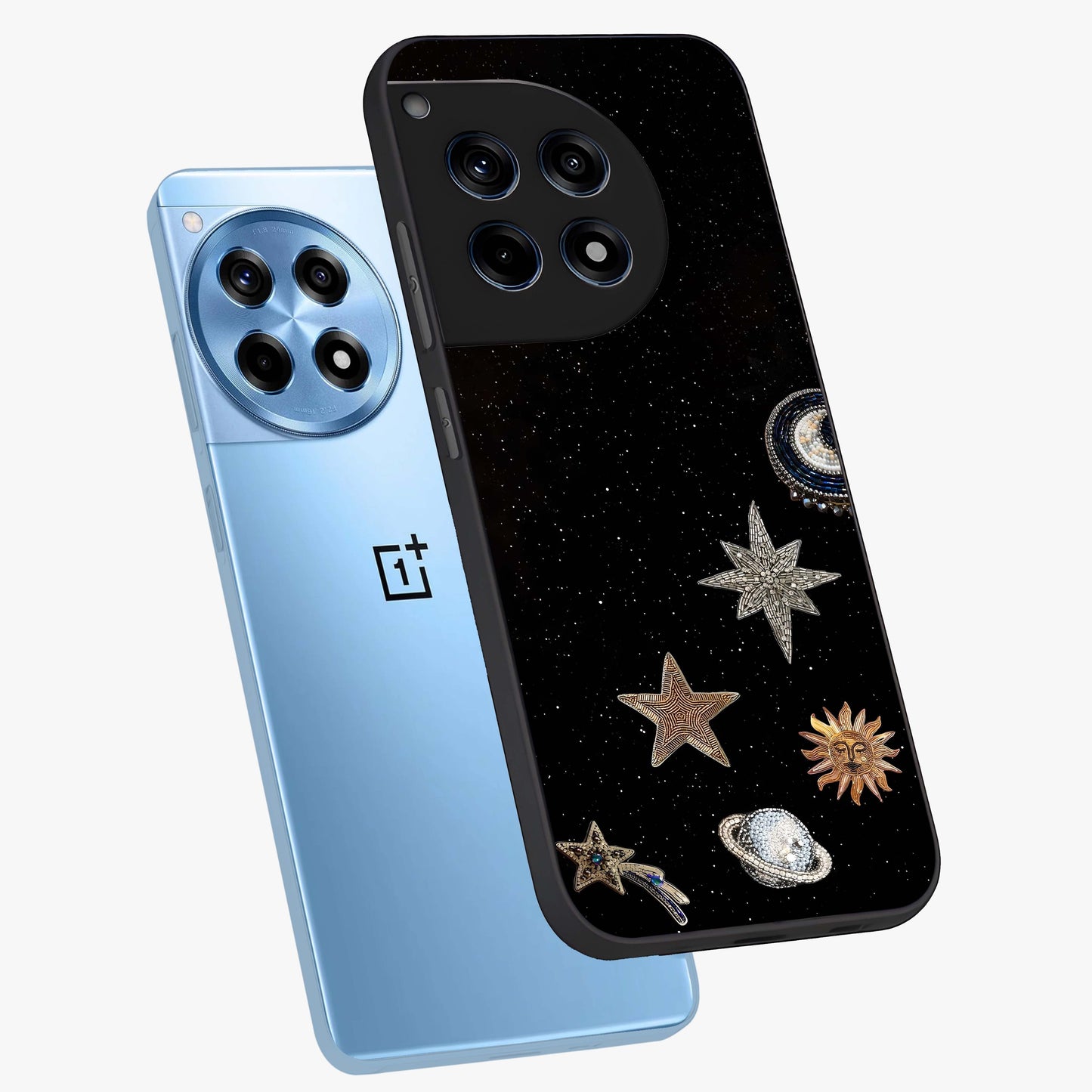 Galactic Charm Glow Glass Case for 1+12R angled mockup showcasing glossy glass finish and luminous galaxy tones