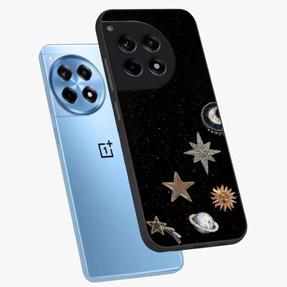 Galactic Charm Glow Glass Case for 1+12R angled mockup showcasing glossy glass finish and luminous galaxy tones