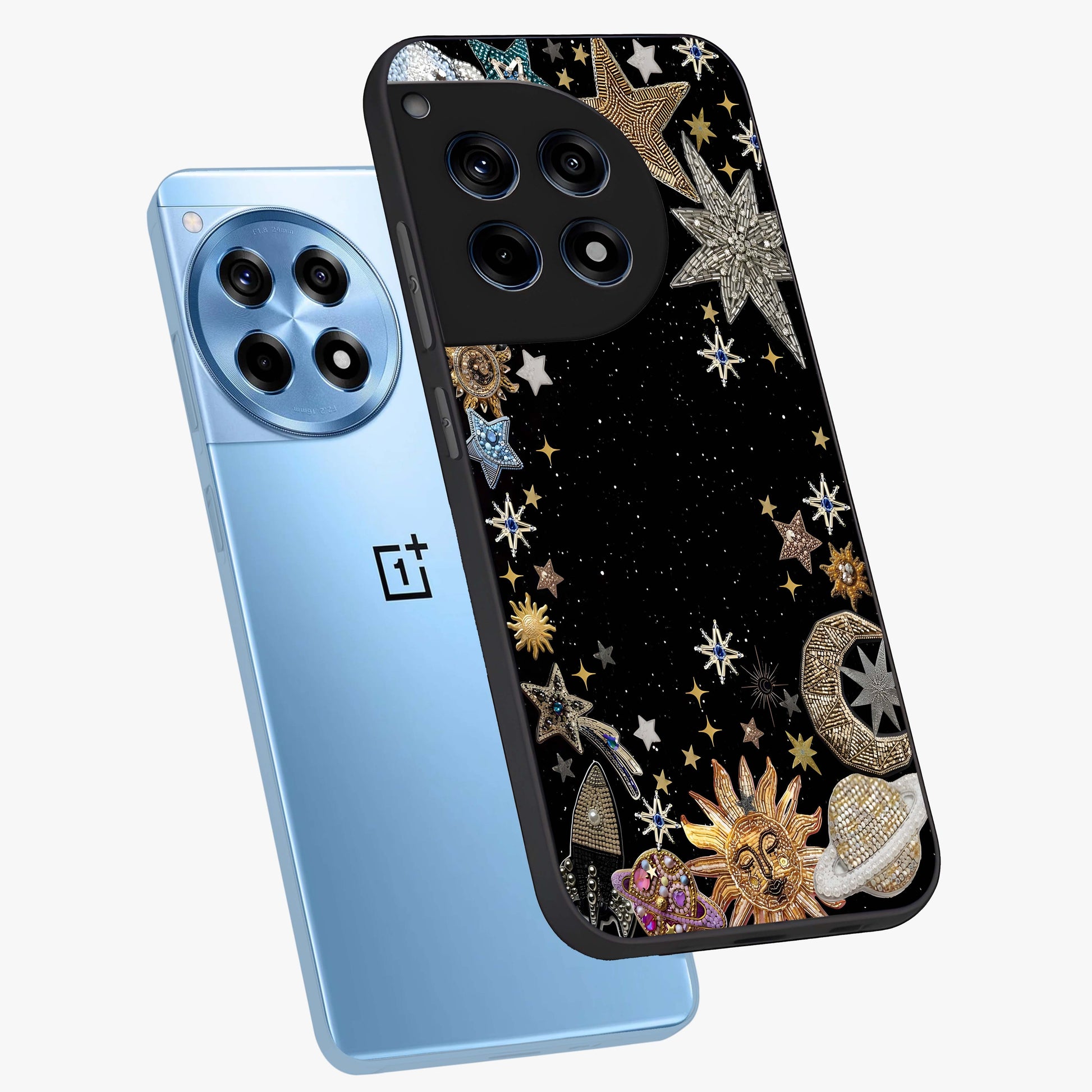 Galactic Jewel Stars Glass Case for 1+12R angled mockup showcasing glossy finish and radiant cosmic tones