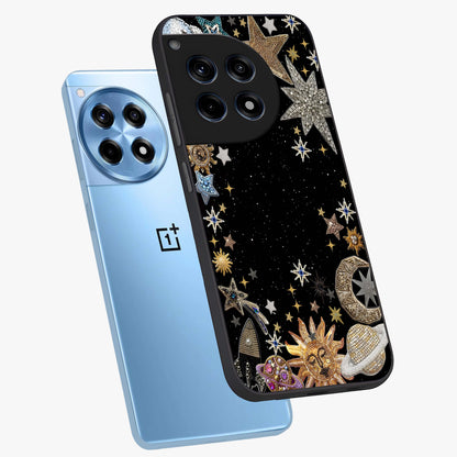 Galactic Jewel Stars Glass Case for 1+12R angled mockup showcasing glossy finish and radiant cosmic tones