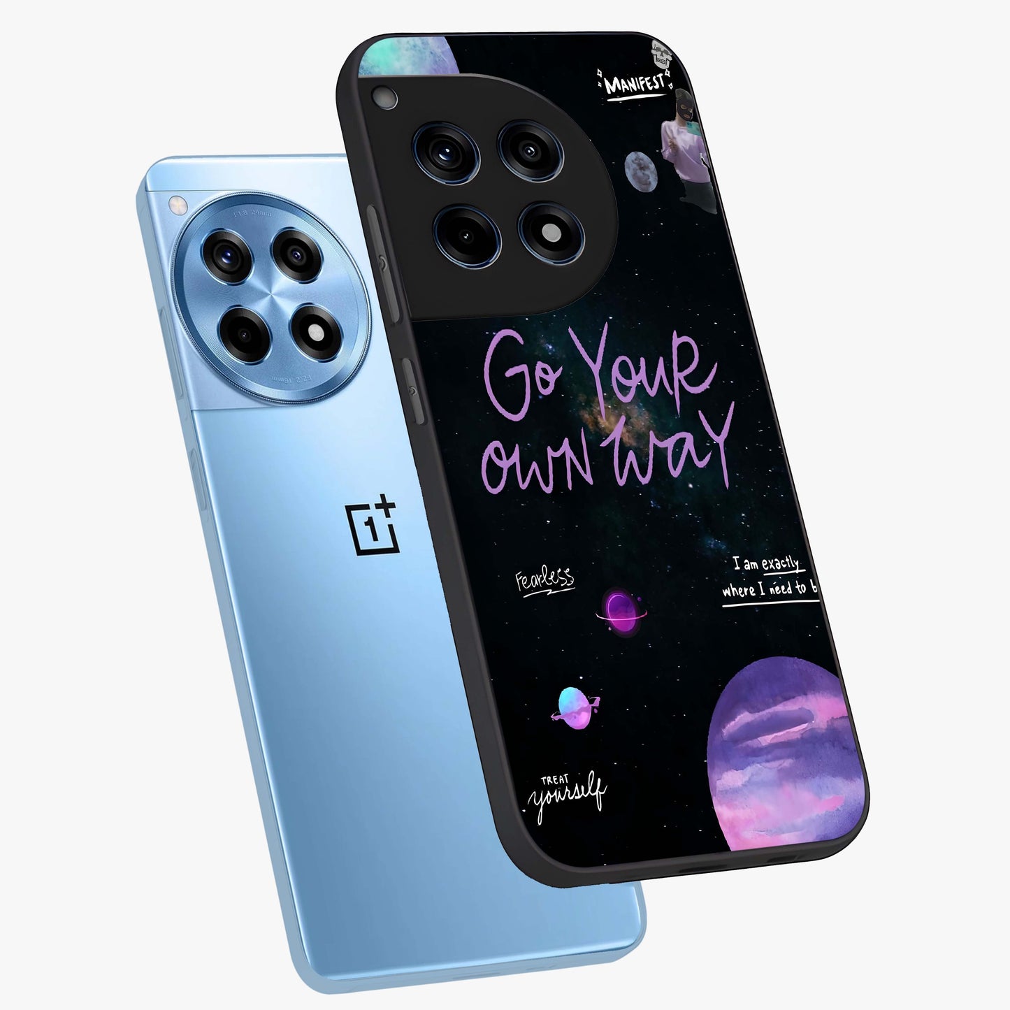 Galactic Vibes Universe Glass Case for 1+12R angled mockup showcasing glossy finish and deep space gradients