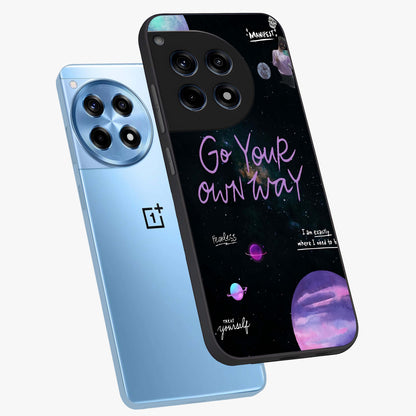 Galactic Vibes Universe Glass Case for 1+12R angled mockup showcasing glossy finish and deep space gradients