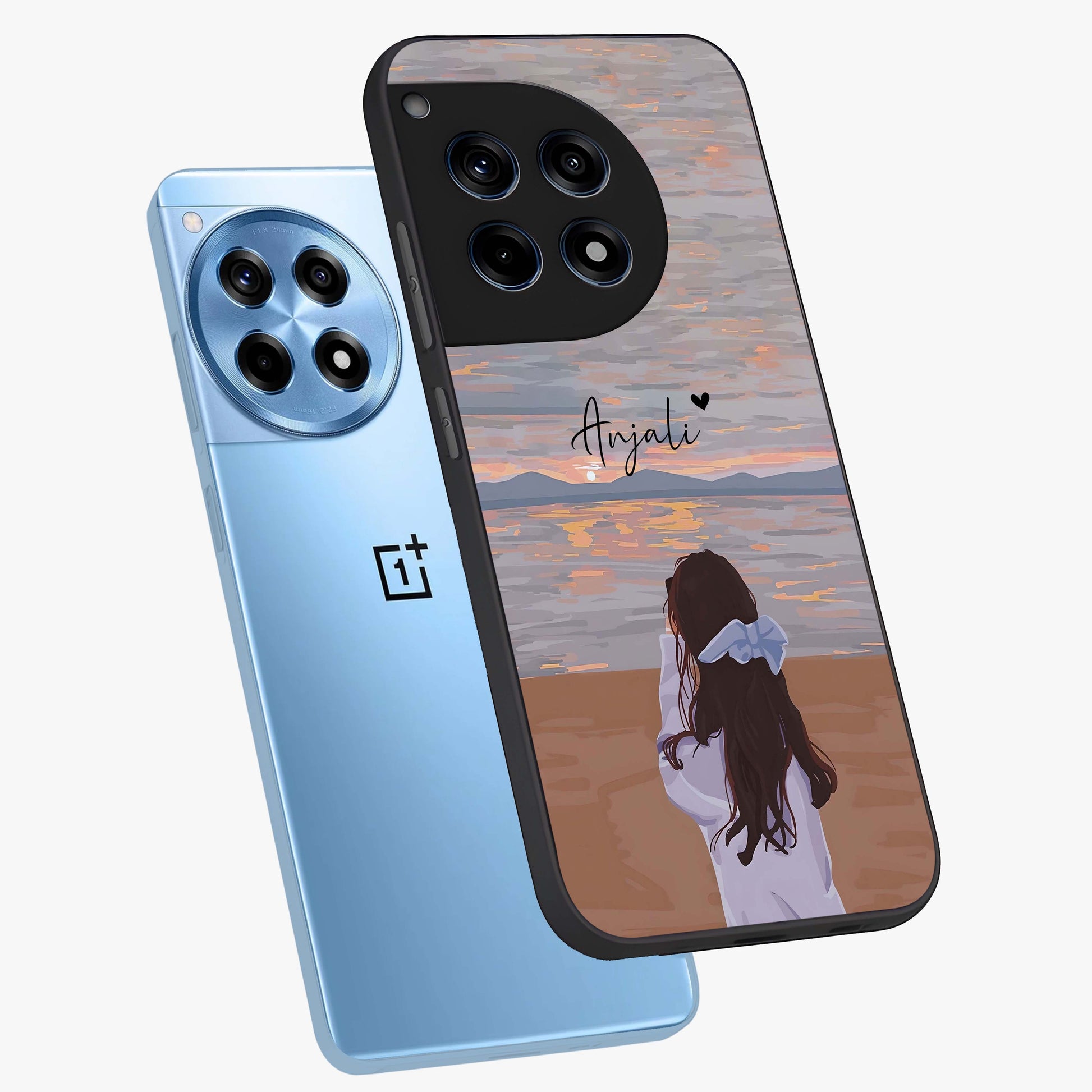 Girl Facing Sunset Beach Glass Case for 1+12R angled mockup showcasing glossy glass finish and warm beach tones