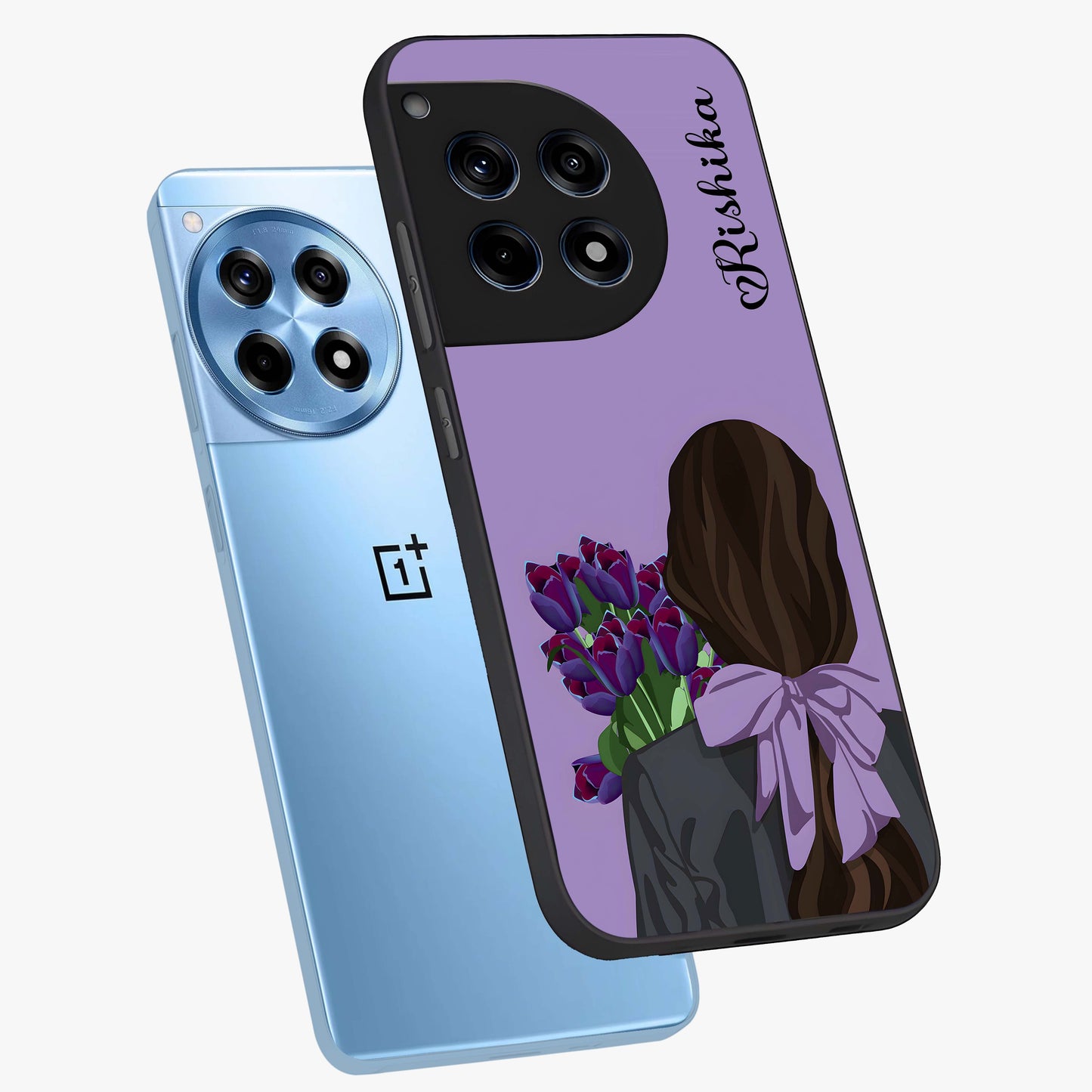 Girl Holding Flowers Glass Case for 1+12R angled mockup showcasing glossy finish and pastel bloom tones