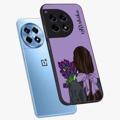 Girl Holding Flowers Glass Case for 1+12R angled mockup showcasing glossy finish and pastel bloom tones
