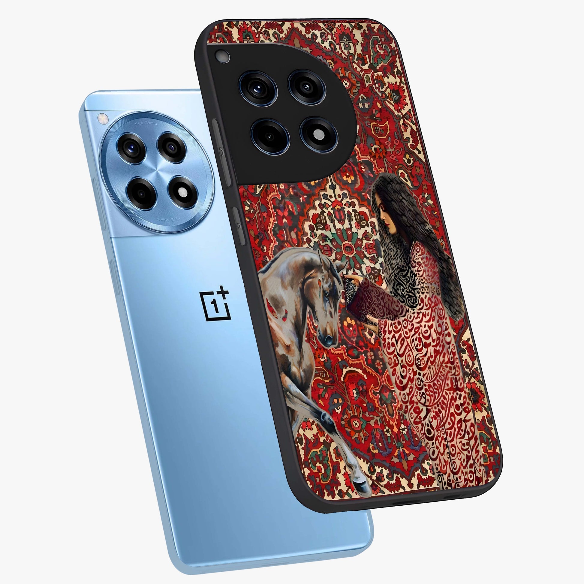 Girl With Horse Glass Case for 1+12R angled mockup showcasing glossy finish and serene countryside tones