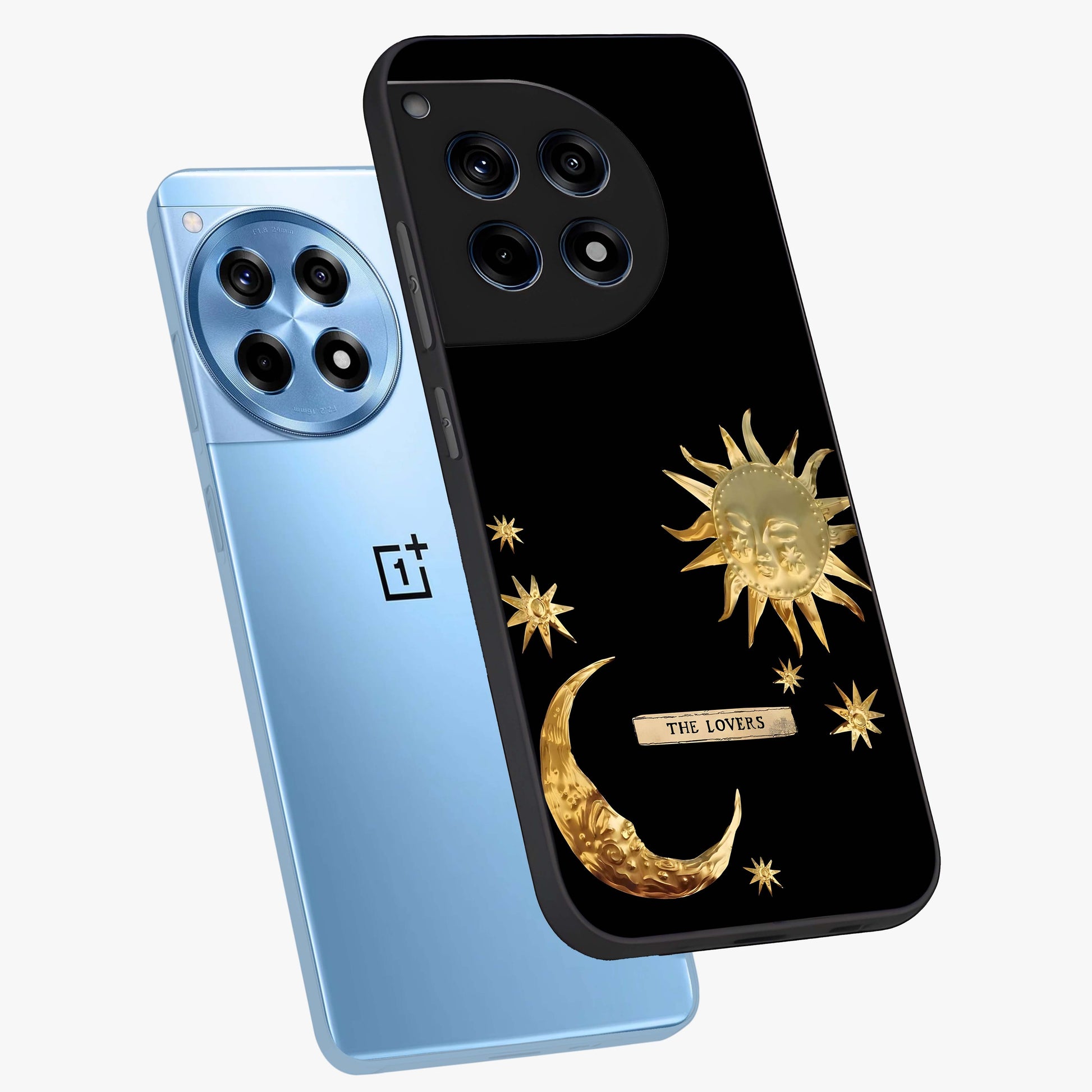 Golden Crescent Mood Glass Case for 1+12R angled mockup showcasing glossy finish and subtle night gradients