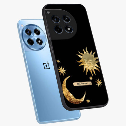 Golden Crescent Mood Glass Case for 1+12R angled mockup showcasing glossy finish and subtle night gradients