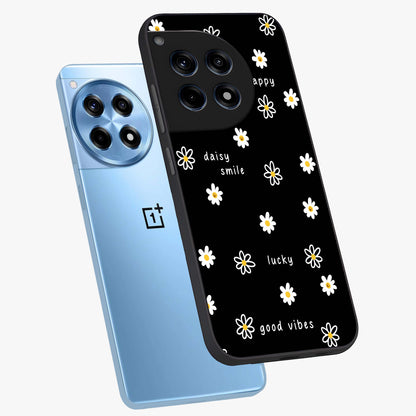 Good Vibes Daisy Black Pattern Glass Case for 1+12R angled mockup showcasing glossy finish and bold floral contrast