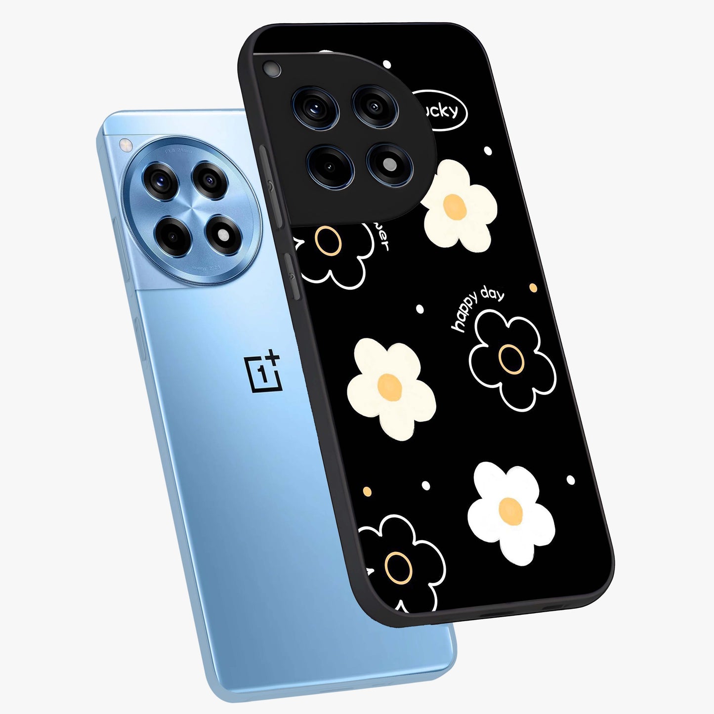Happy Day Daisy Glass Case for 1+12R angled mockup showcasing glossy finish and vibrant bloom tones