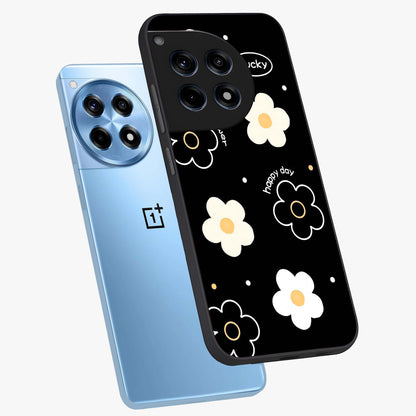 Happy Day Daisy Glass Case for 1+12R angled mockup showcasing glossy finish and vibrant bloom tones