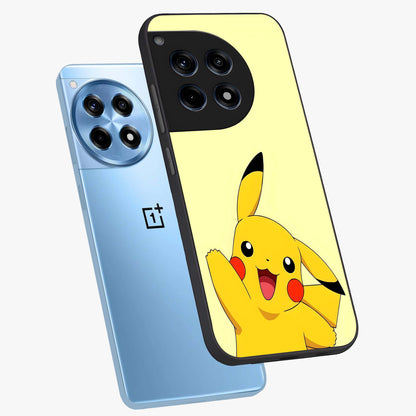 Happy Electric Pikachu Glass Case for 1+12R angled mockup showcasing glossy finish and vibrant yellow tones