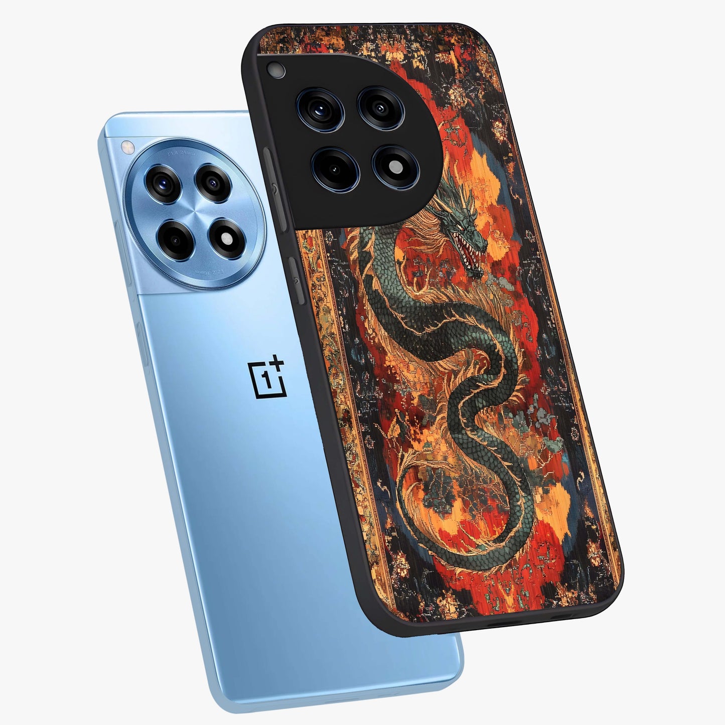 Inferno Dragon Soul Glass Case for 1+12R captured at a warm angle highlighting fierce fire tones, gloss, and edge clarity.