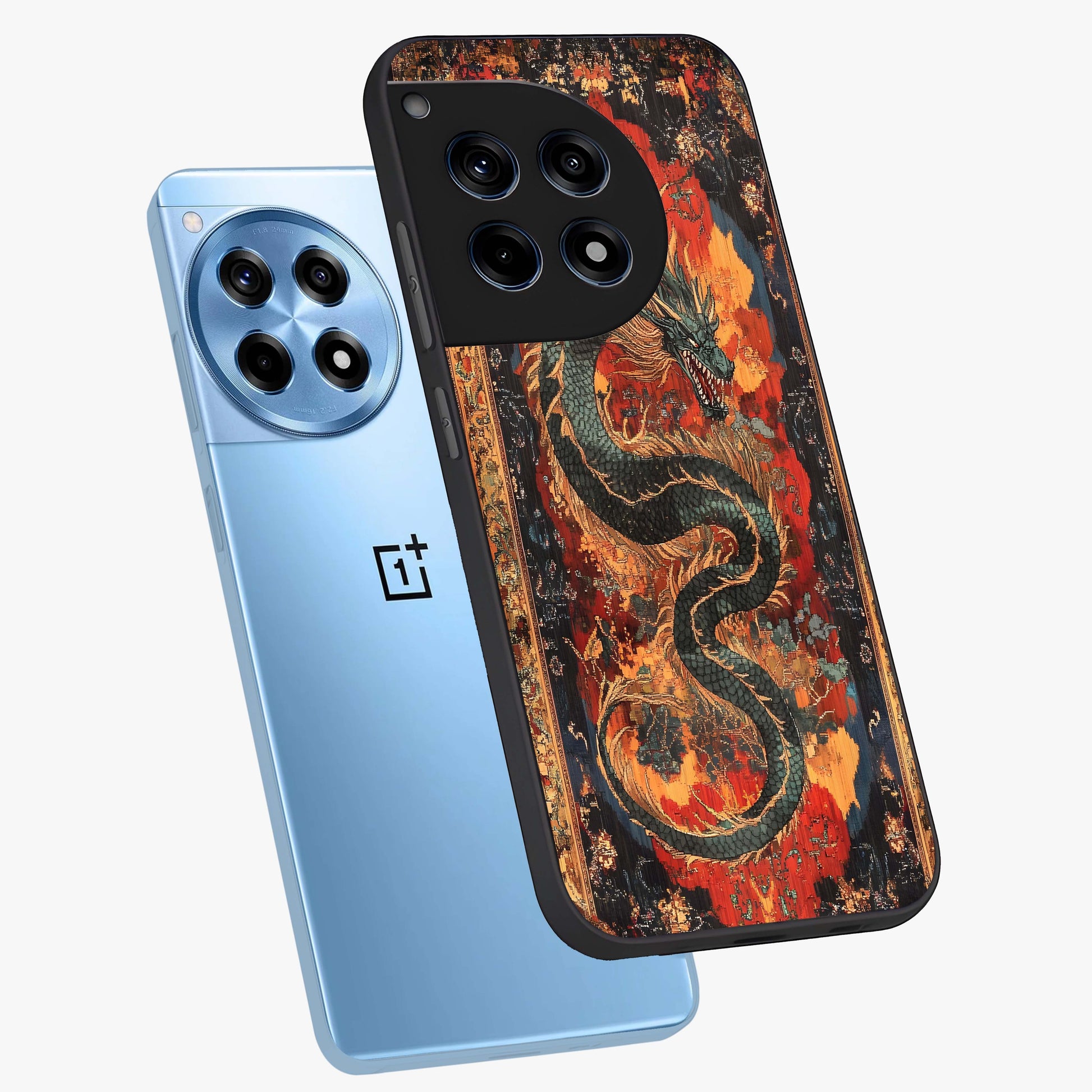 Inferno Dragon Soul Glass Case for 1+12R captured at a warm angle highlighting fierce fire tones, gloss, and edge clarity.