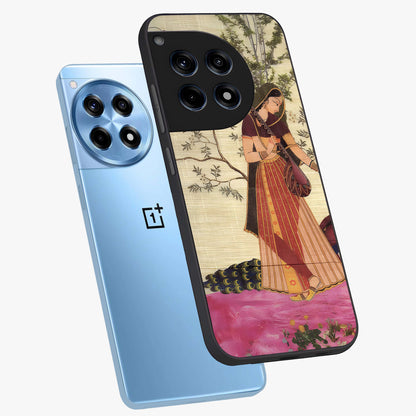 Lady With Veena Art Glass Case for 1+12R angled mockup showcasing glossy finish and refined artistic detailing