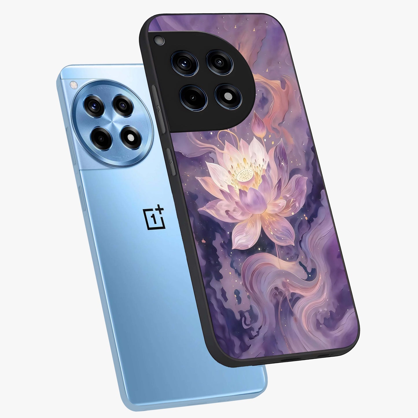 Lavender Lotus Muse Glass Case for 1+12R angled mockup showcasing glossy finish and refined floral detailing