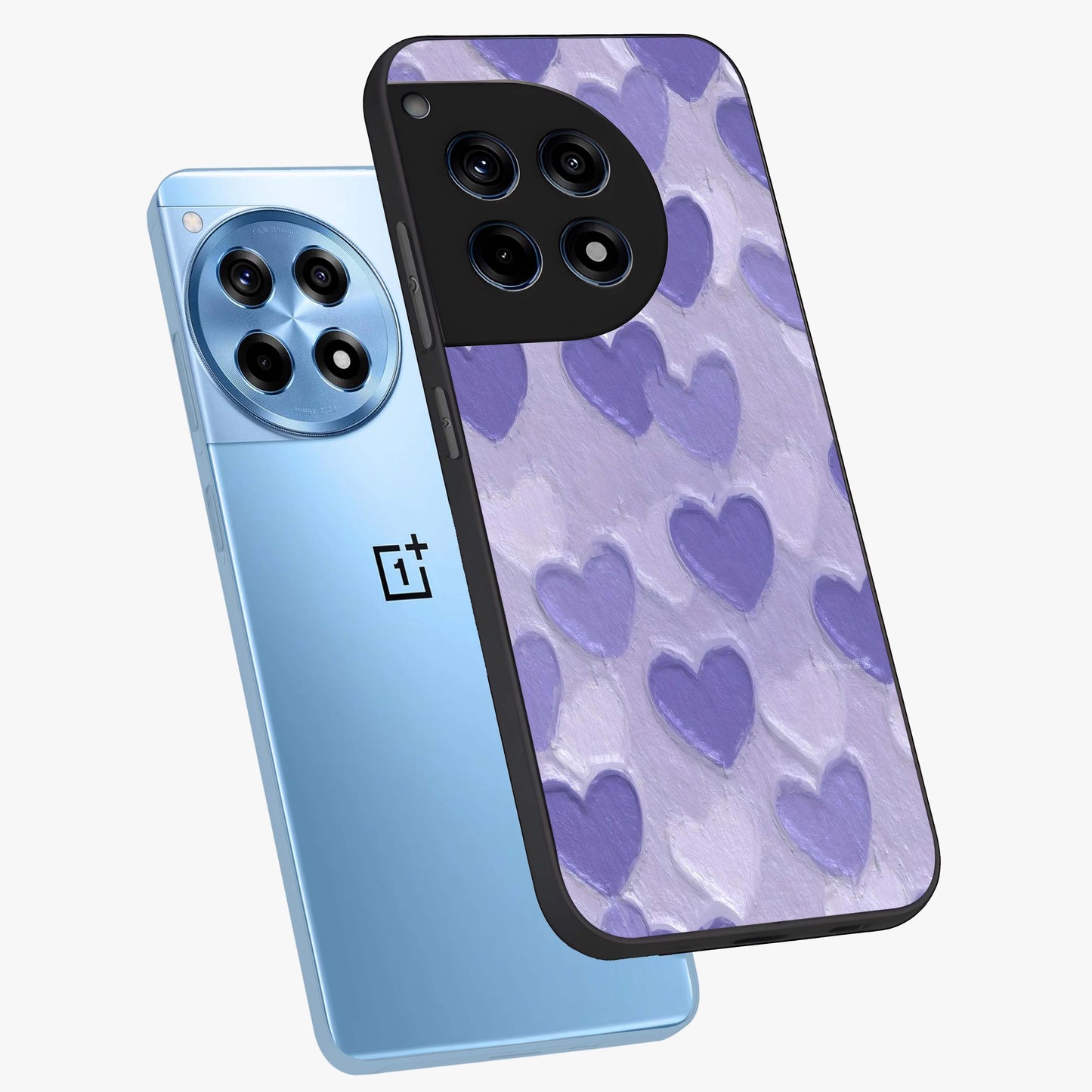 Lavender Paper Hearts Glass Case for 1+12R angled mockup showcasing glossy finish and playful pastel detailing